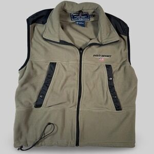 Polo Sport Ralph Lauren Sportsman Fleece Vest Men's M Khaki Zip Pockets USA Flag